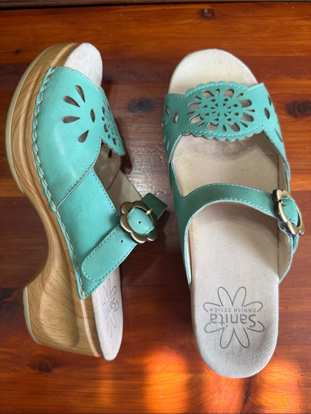 Sanita Teal Green Leather Slide Sandals with Floral Cutouts